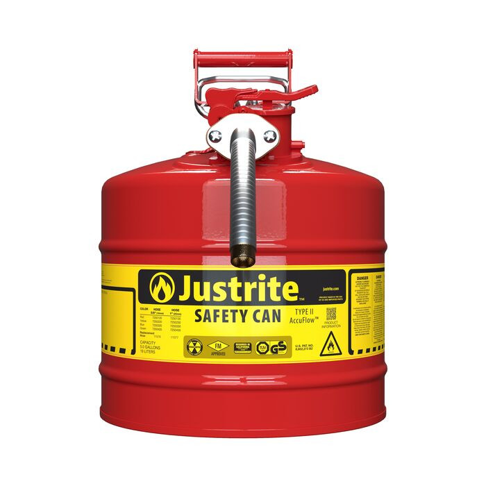 5 Gallon, 1" Metal Hose, Steel Safety Can for Flammables, Type II, AccuFlow&trade;, Red - 7250130