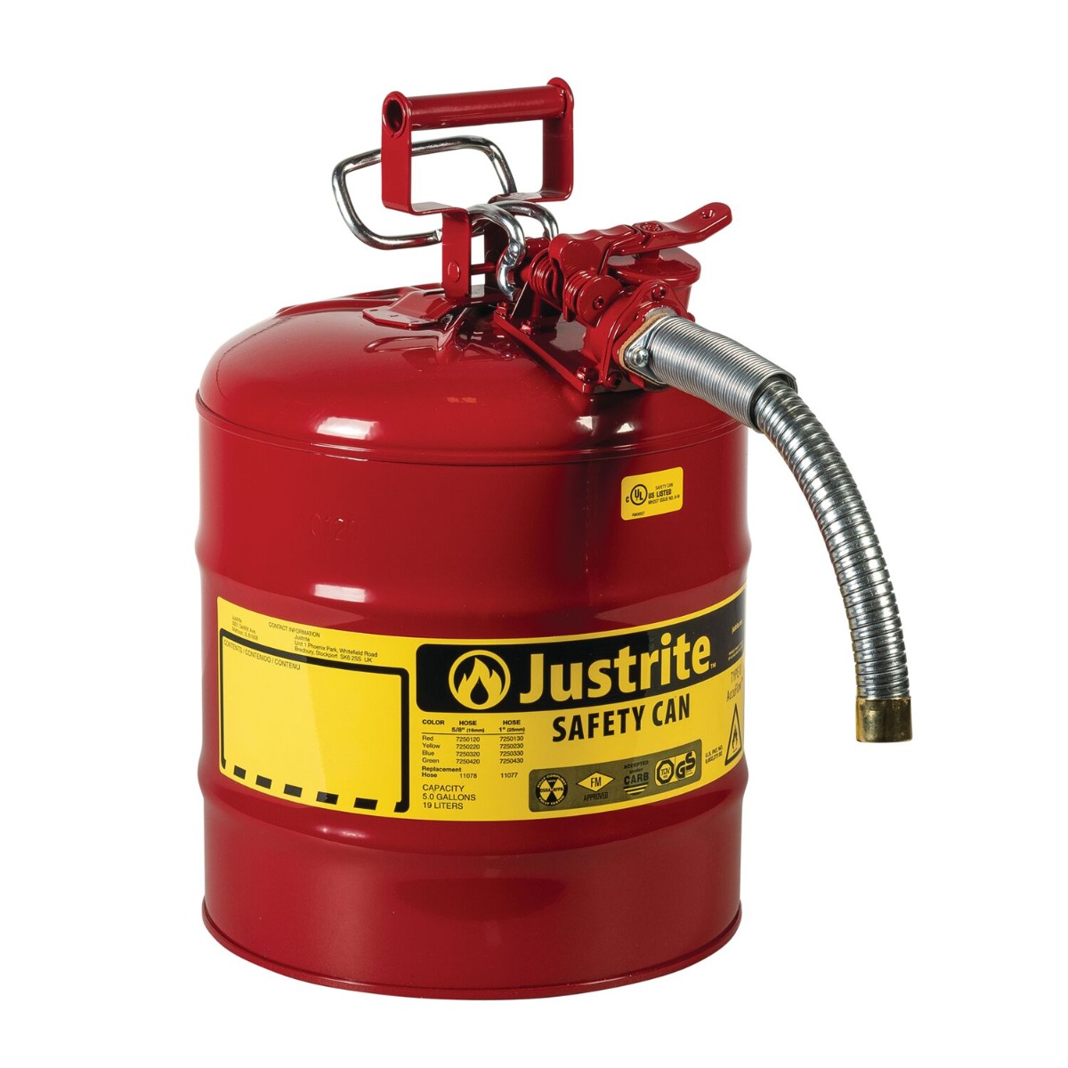 5 Gallon, 1" Metal Hose, Steel Safety Can for Flammables, Type II, AccuFlow&trade; - 7250130 / 7250230 / 7250330 / 7250430