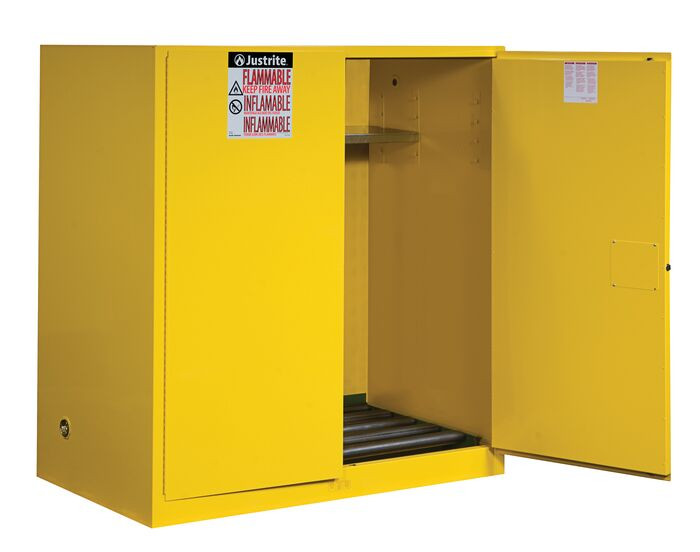 110 Gallon, 2 Drum Vertical, 1 Shelf, 2 Doors, Manual Close, Flammable Cabinet With Drum Rollers, Sure-Grip&reg; EX, Yellow - 899160