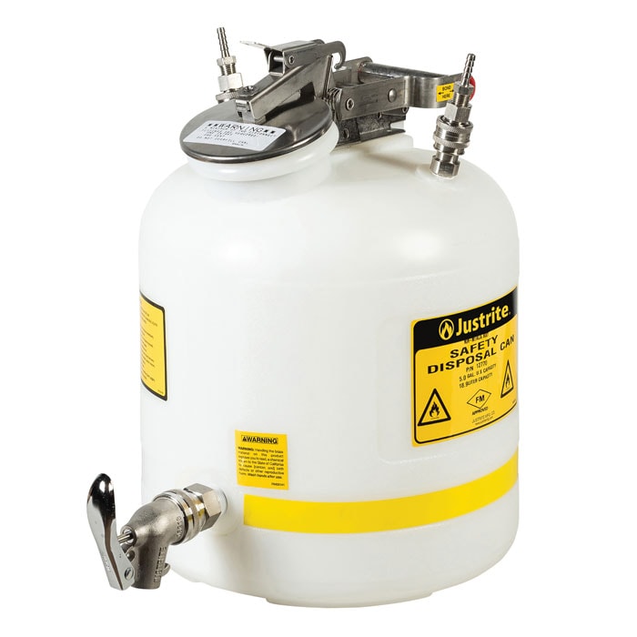 5 Gallon, Polypropylene Quick-Disconnect Disposal Safety Can with Faucet, Stainless Steel Fittings for 1/4" Tubing, White - 12770