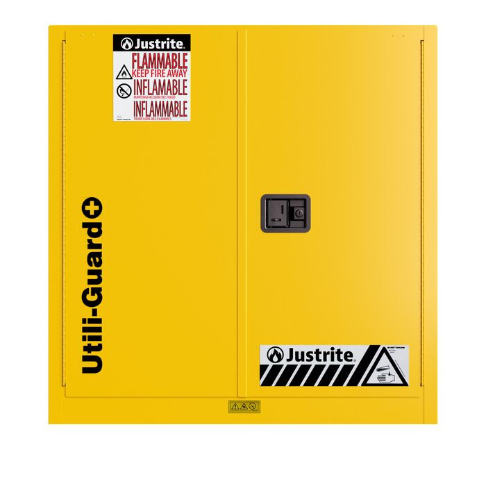 30 Gallon, 2 Shelves, 2 Doors, Self Close, 2 Door Attachments, Utili-Guard+&trade; Flammable Cabinet, Yellow - U893020