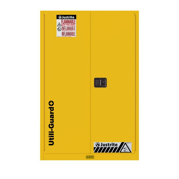 90 Gallon, 2 Shelves, 2 Doors, Self Close, 2 Door Attachments, Utili-Guard+&trade; Flammable Cabinet, Yellow &ndash; U899020